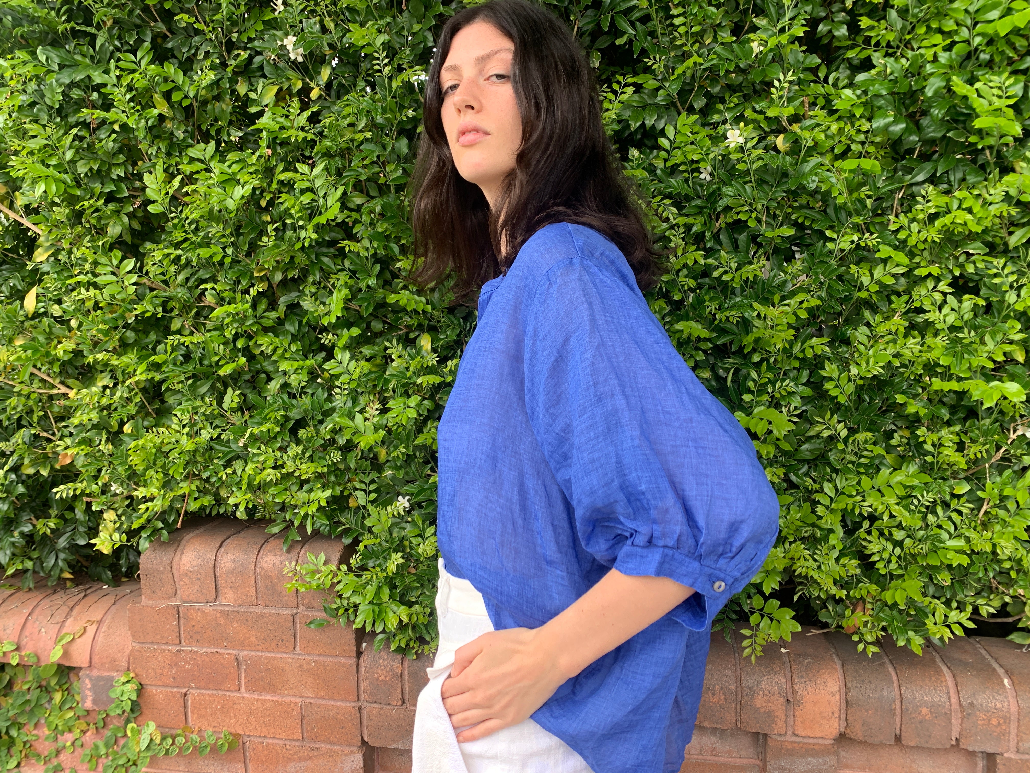 Fine Linen Balloon Sleeve Blouse Royal Blue