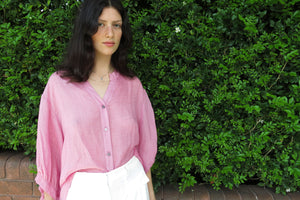 Fine Linen Balloon Sleeve Button Blouse Hot Pink