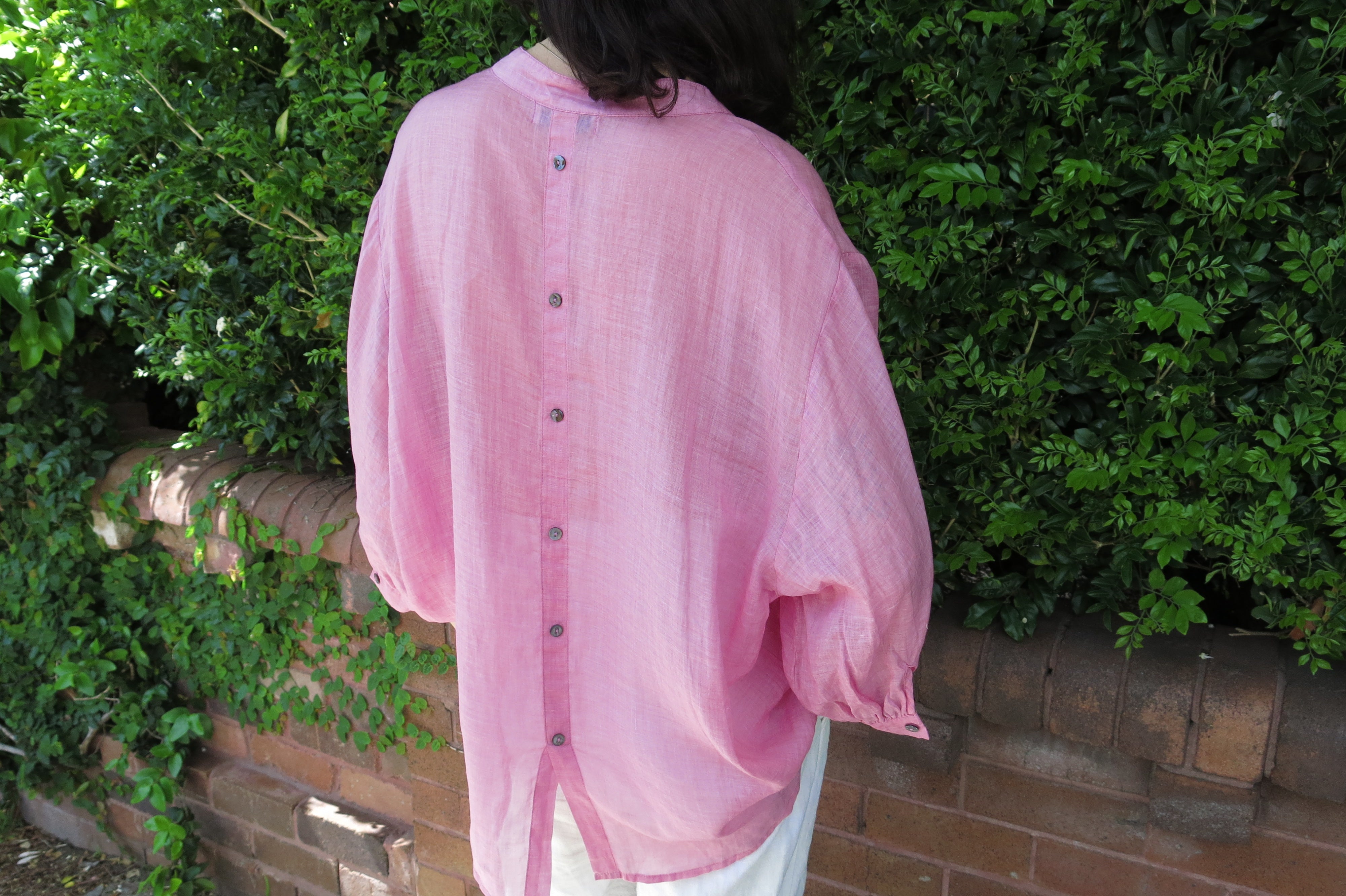 Fine Linen Balloon Sleeve Button Blouse Hot Pink