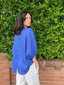 Fine Linen Balloon Sleeve Blouse Royal Blue